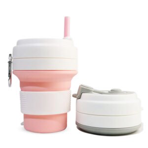 Vaso de viaje plano plegable de silicona de 350 ml con tapa para pajita